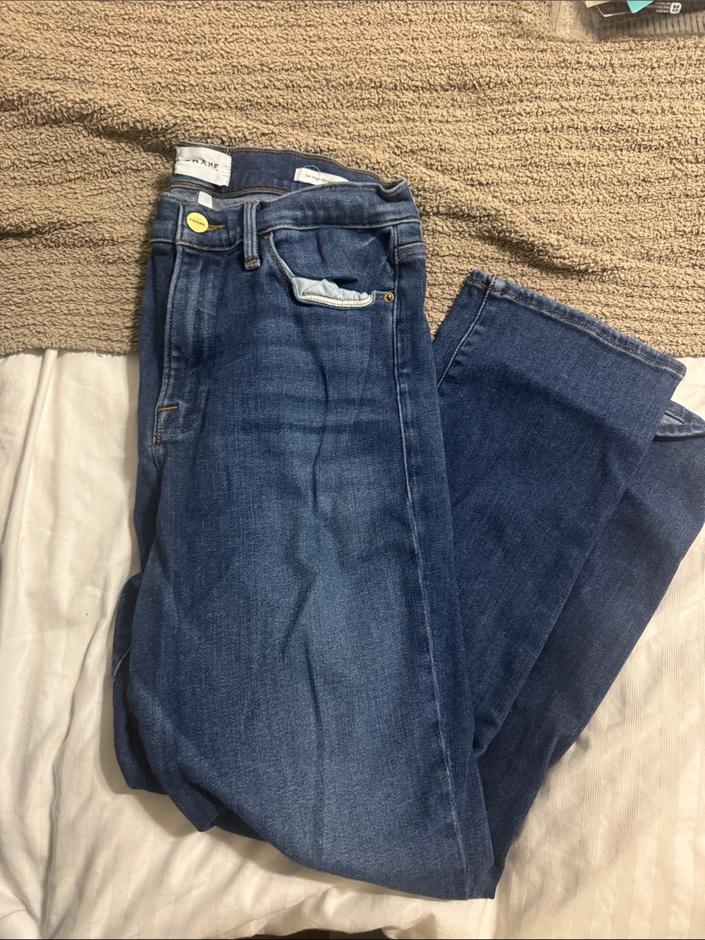Frame Denim High-Rise Straight Jeans in Dark Blue Wash